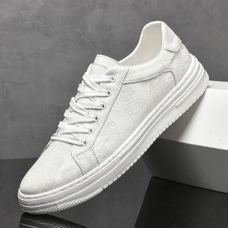 White Men's Leather Walking Sneakers — Harvey Textured Lace-Up Low-Top - Side Profile Lean