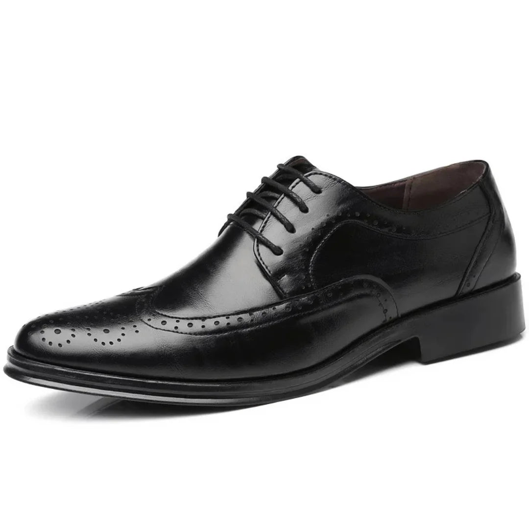 Black Men's Leather Wingtip Oxford Shoes — Luke Cushioned Lace-Up Brogue - Angled Front Side