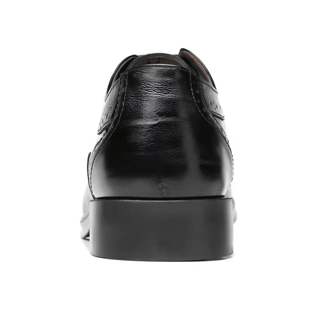 Black Men's Leather Wingtip Oxford Shoes — Luke Cushioned Lace-Up Brogue - Heel Back Detail