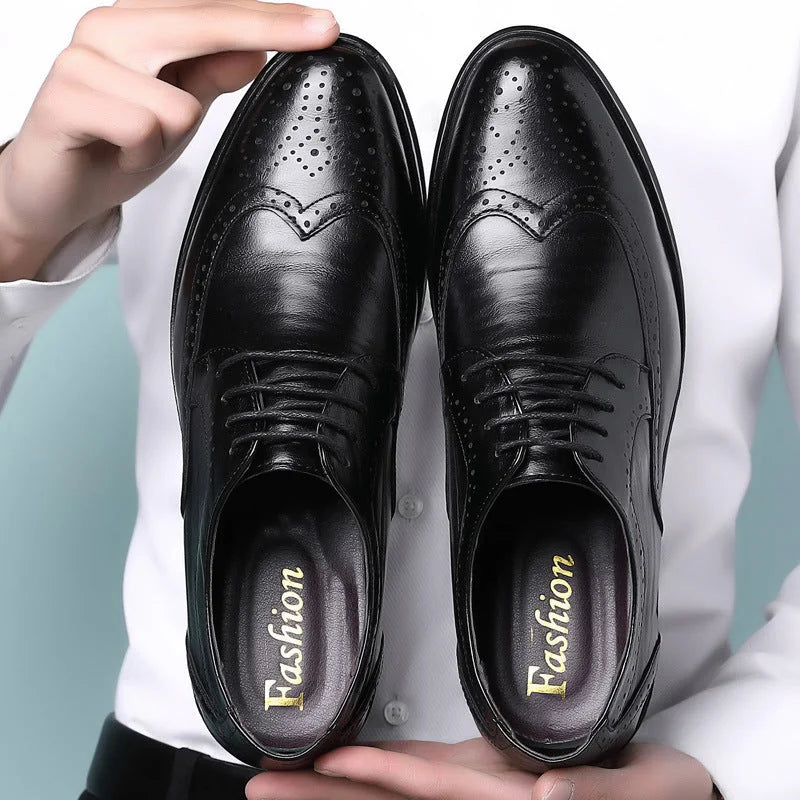 Black Men's Leather Wingtip Oxford Shoes — Luke Cushioned Lace-Up Brogue - Worn Lifestyle Hand