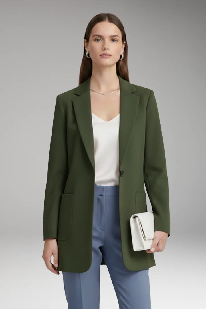 Dark Green Women's Long Blazer — Yvette Wool Notched Collar Patch Pocket - Front Olive Pose