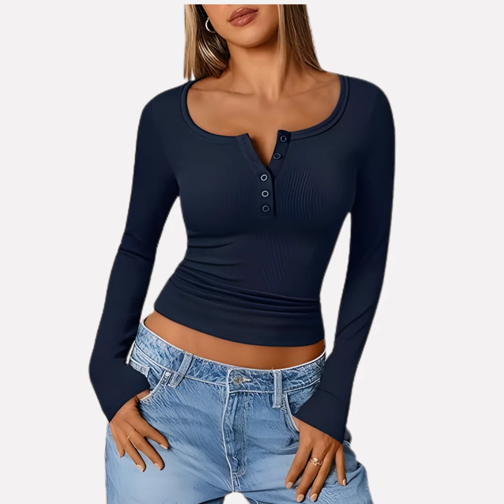 Navy Blue Women's Long Sleeve Henley Top — Daisy Everyday Ribbed Button-Front - Front View Studio