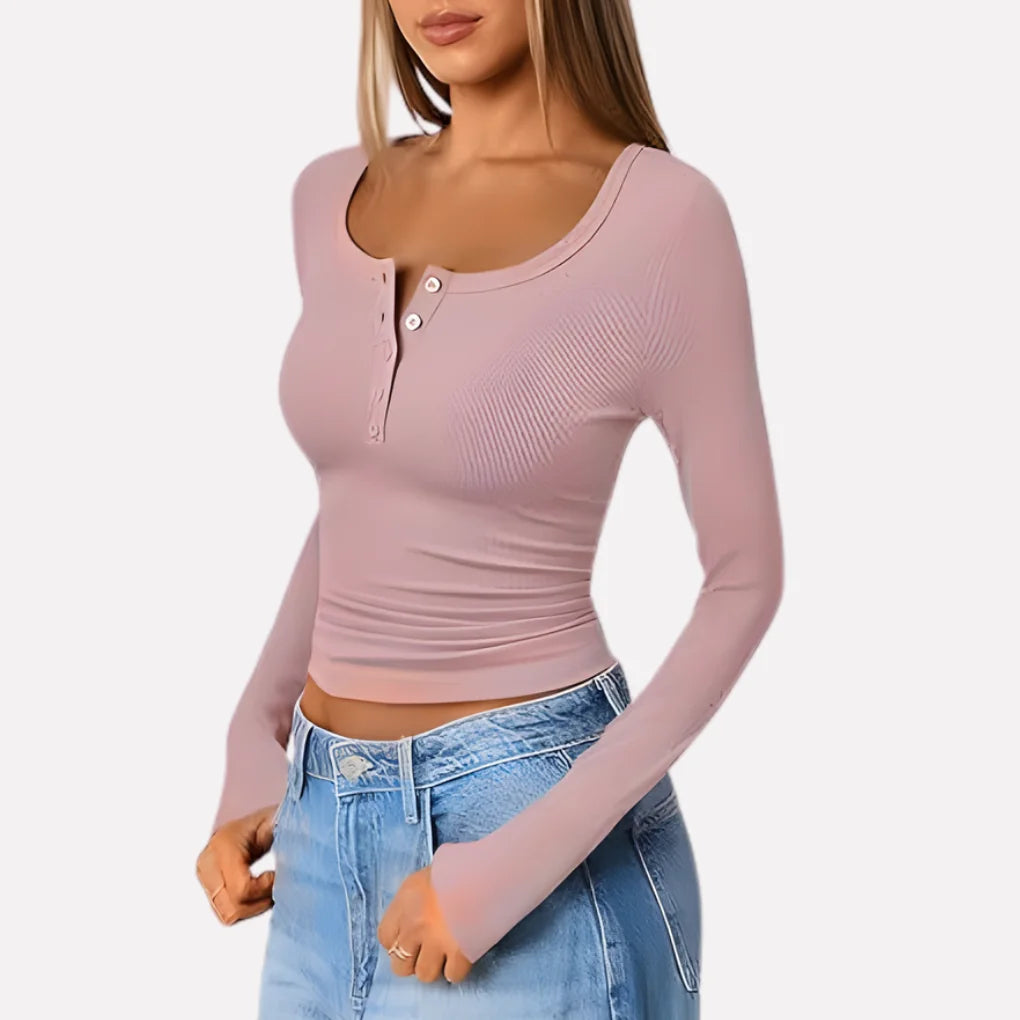 Pink Women's Long Sleeve Henley Top — Daisy Everyday Ribbed Button-Front - Angled Hand Pose