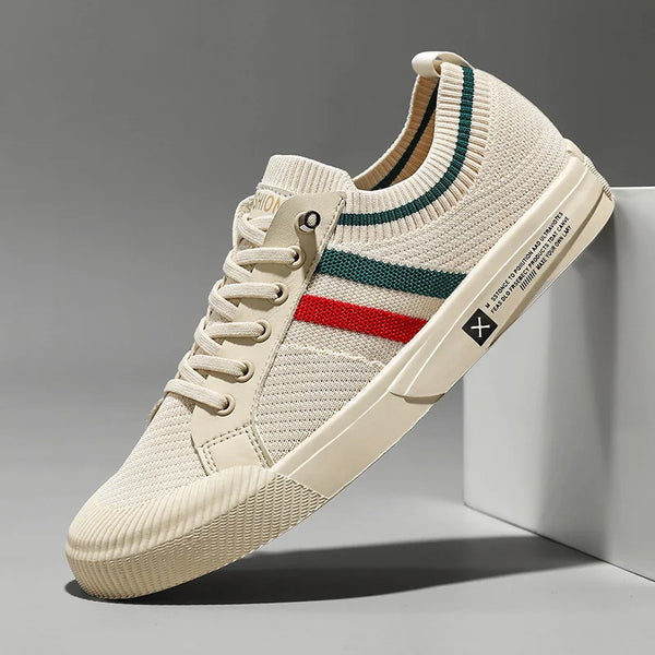 Beige Men's Striped Low-Top Sneakers — Isaac Everyday Lace-Up Knit - Side Angle Studio