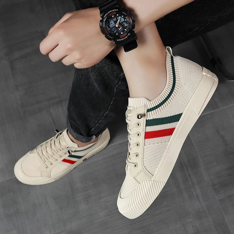 Beige Men's Striped Low-Top Sneakers — Isaac Everyday Lace-Up Knit - Worn Closeup Wrist