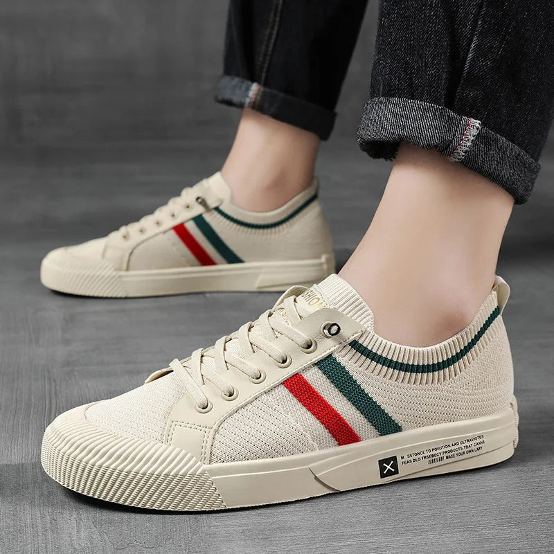 Beige Men's Striped Low-Top Sneakers — Isaac Everyday Lace-Up Knit - Worn Lifestyle Side
