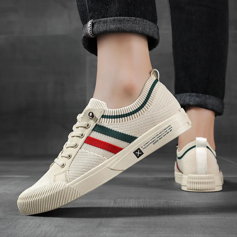 Beige Men's Striped Low-Top Sneakers — Isaac Everyday Lace-Up Knit - Worn Lifestyle Walking