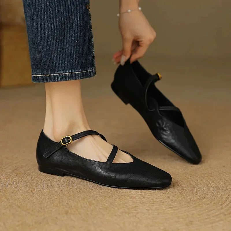 Black Women's Crisscross Leather Flats — Jasmine Butter-Soft Mary Buckle - Worn Lifestyle Detail
