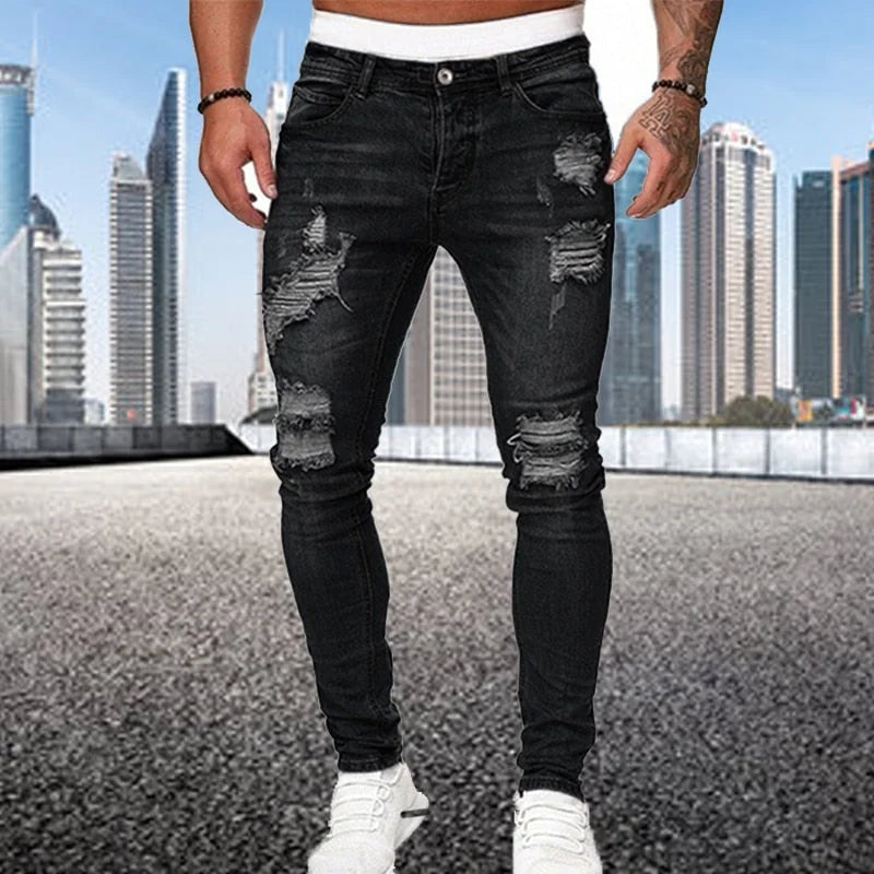 Black Men's Distressed Skinny Jeans — August Ripped Denim Stretch - Front Standing