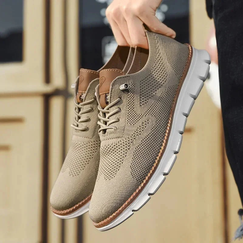 Beige Men's Knit Walking Shoes — Daniel Everyday Lace-Up Lightweight - Held In Hand