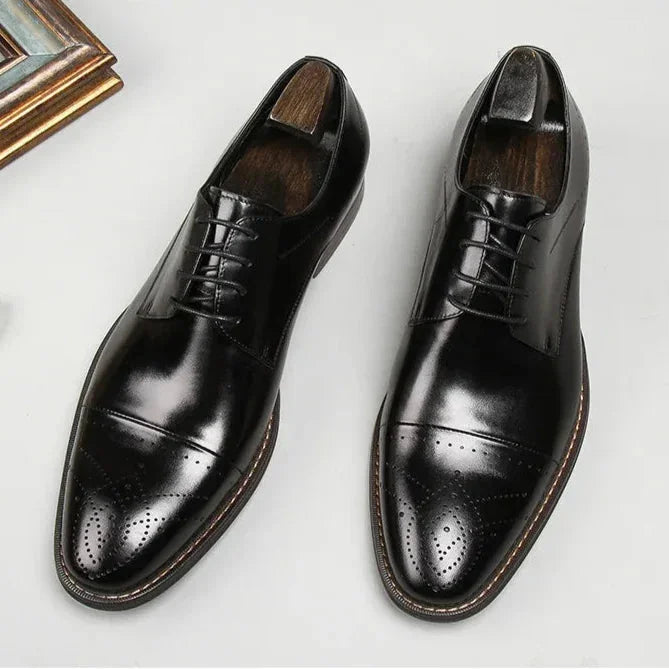 Black Men's Leather Oxford Shoes — Hayden Burnished Cap Toe Brogue - Front Full