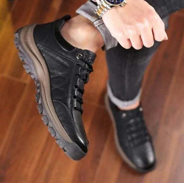 Black Men's Orthopedic Leather Shoes — Caleb Full-Grain Lace-Up Cushioned - Worn Lifestyle Closeup