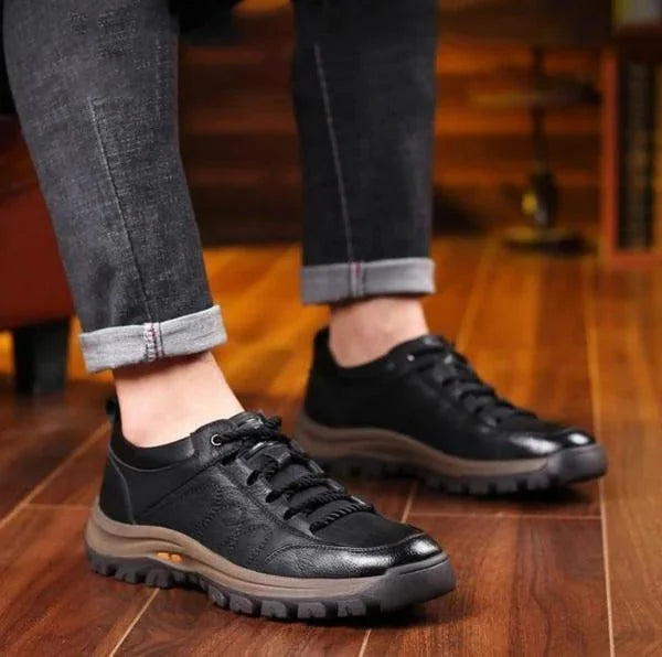 Black Men's Orthopedic Leather Shoes — Caleb Full-Grain Lace-Up Cushioned - Worn Lifestyle Standing