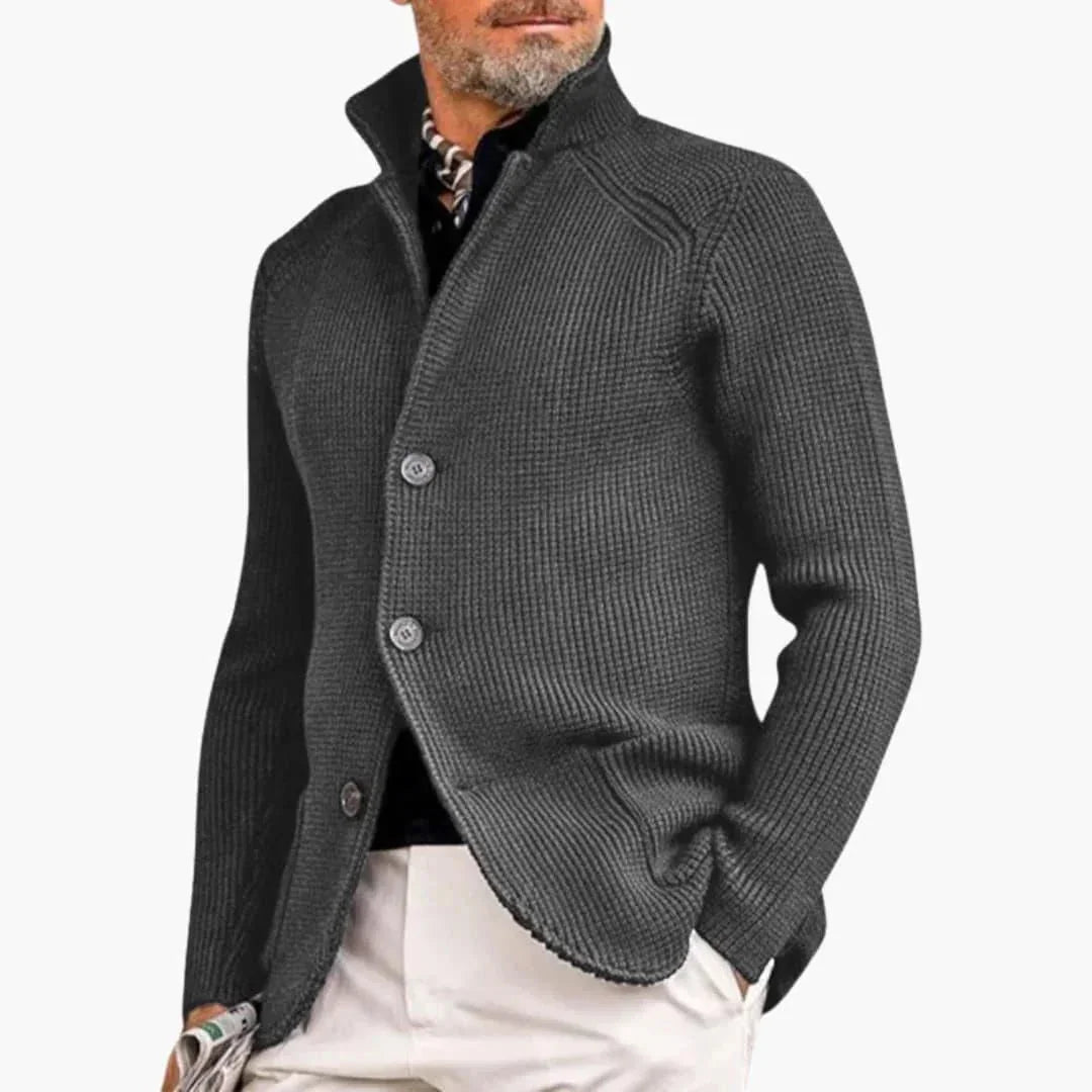 Gray Men's Chunky Knit Cardigan — Reid Cozy Button-Front Stand Collar - Front Pose