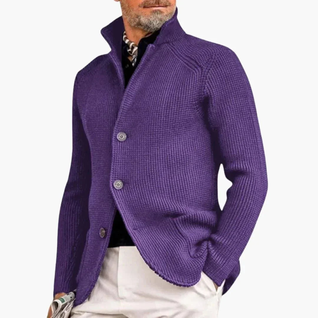 Purple Men's Chunky Knit Cardigan — Reid Cozy Button-Front Stand Collar - Side Pose