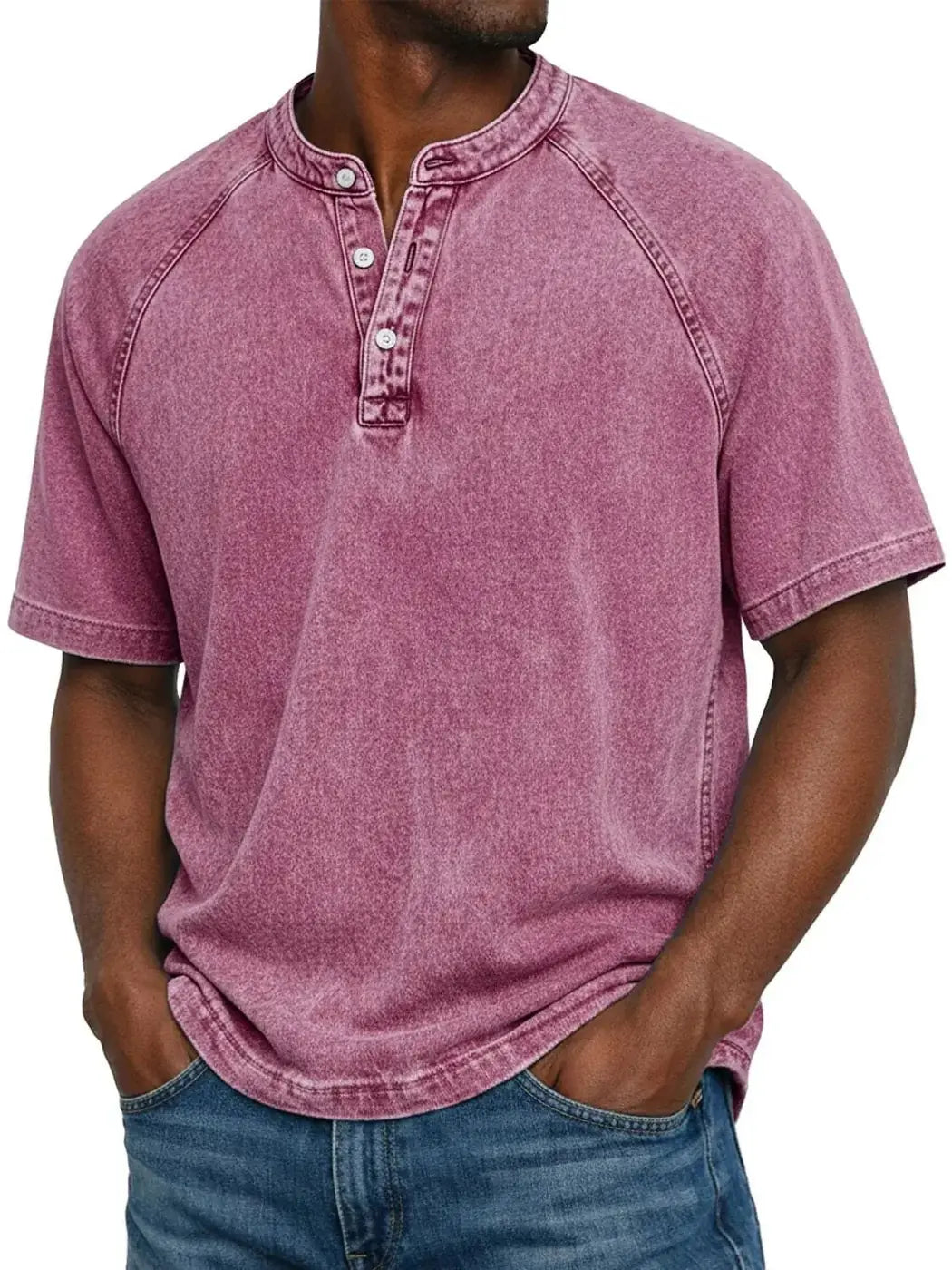 Pink Men's Washed Henley Shirt — Theo Short Sleeve Casual Relaxed - Front Standing