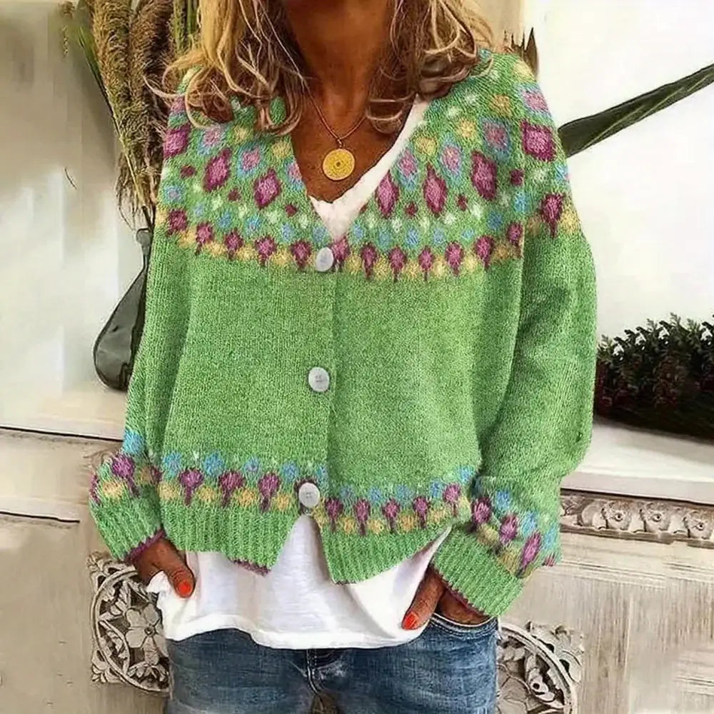 Green Women's Nordic Print Knit Cardigan — Shea Button-Front Fair Isle V-Neck - Front Worn Cropped