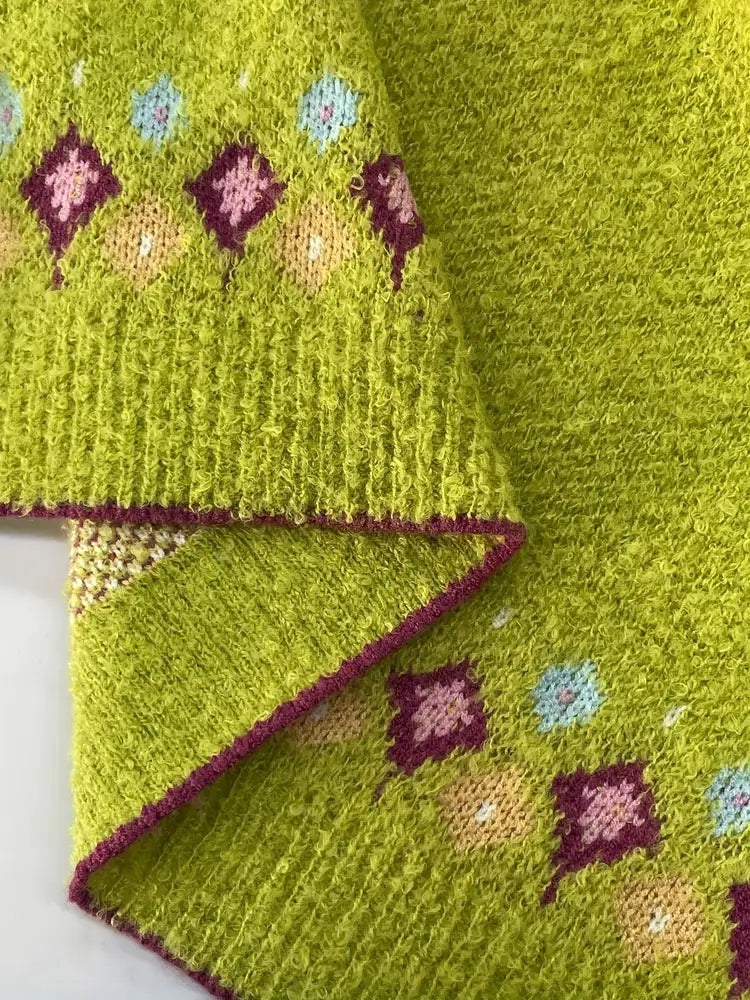 Yellow Women's Nordic Print Knit Cardigan — Shea Button-Front Fair Isle V-Neck - Flat Lay Hem Detail