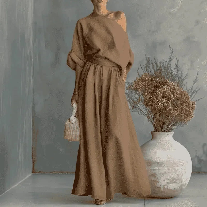 Camel Women's Wide-Leg Two-Piece Set — May Linen One-Shoulder Batwing - Studio Illustration