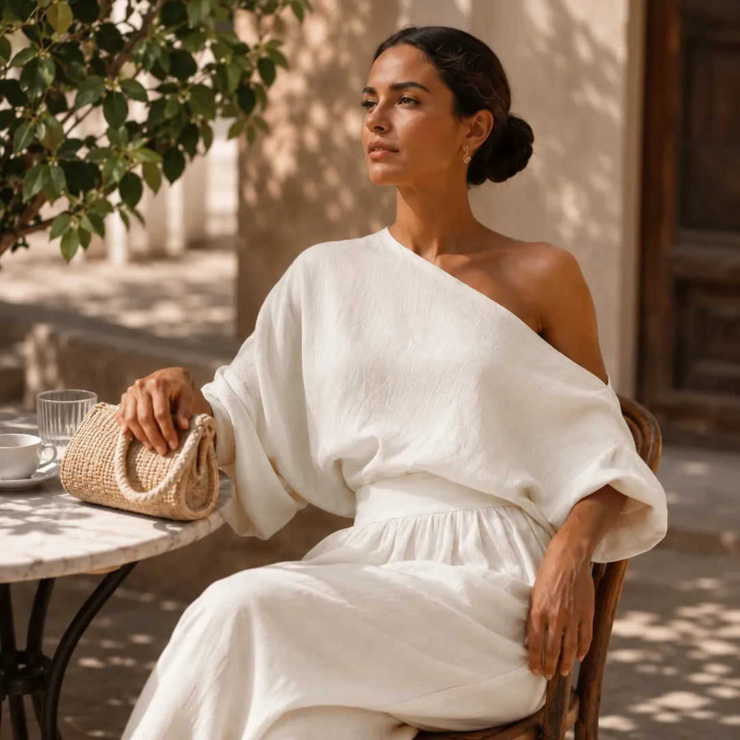 Ivory Women's Wide-Leg Two-Piece Set — May Linen One-Shoulder Batwing - Seated Lifestyle