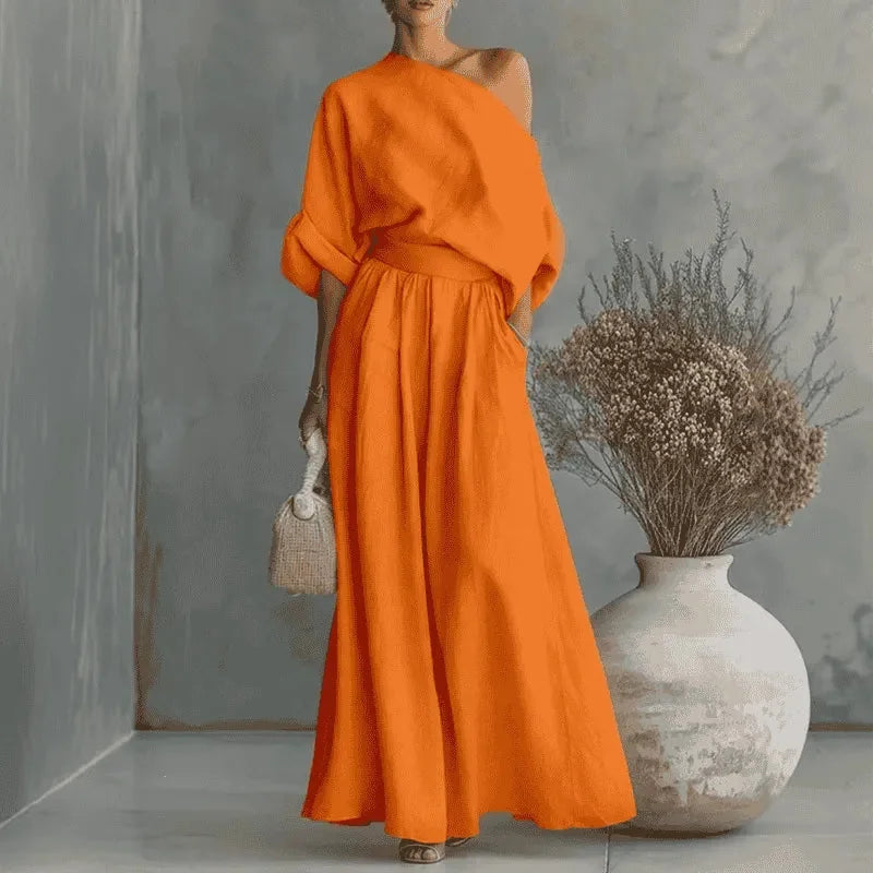 Orange Women's Wide-Leg Two-Piece Set — May Linen One-Shoulder Batwing - Studio Illustration