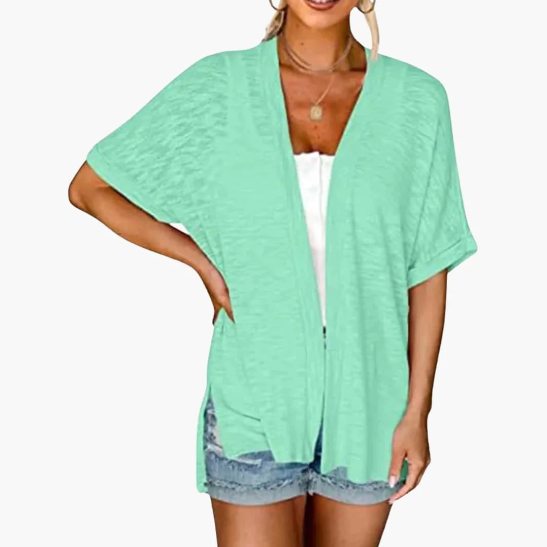 Jadegrn Women's Open Front Cardigan — Everly Structured-Cuff Short Sleeve Oversized - Sleeve Detail