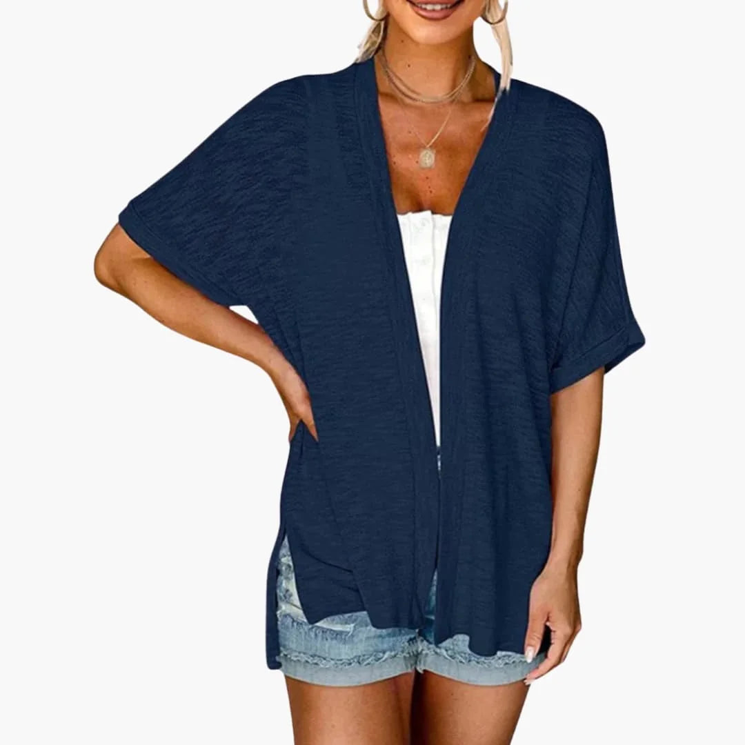 Marinebl Women's Open Front Cardigan — Everly Structured-Cuff Short Sleeve Oversized - Front Detail