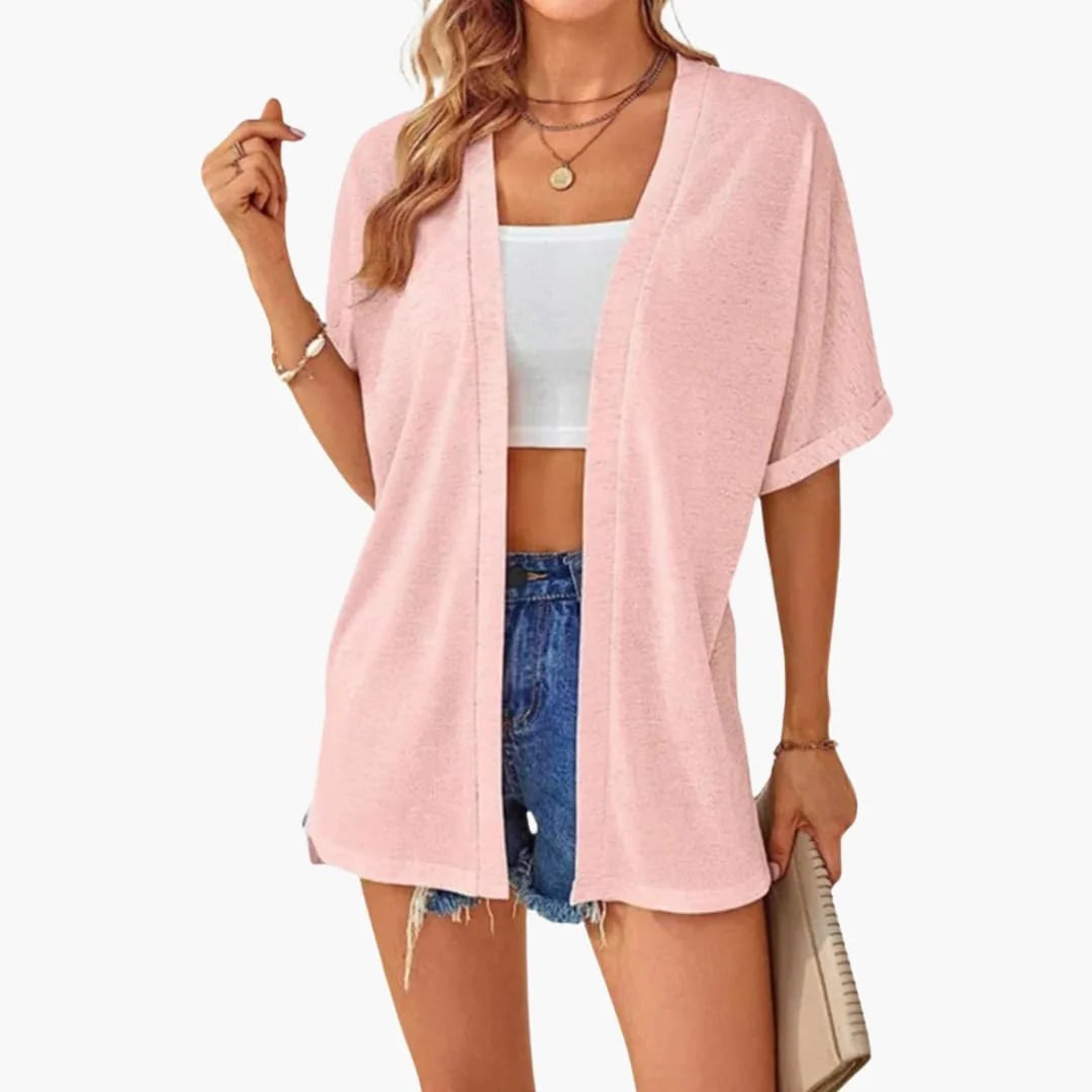 Pink Women's Open Front Cardigan — Everly Structured-Cuff Short Sleeve Oversized - Outdoor Pose