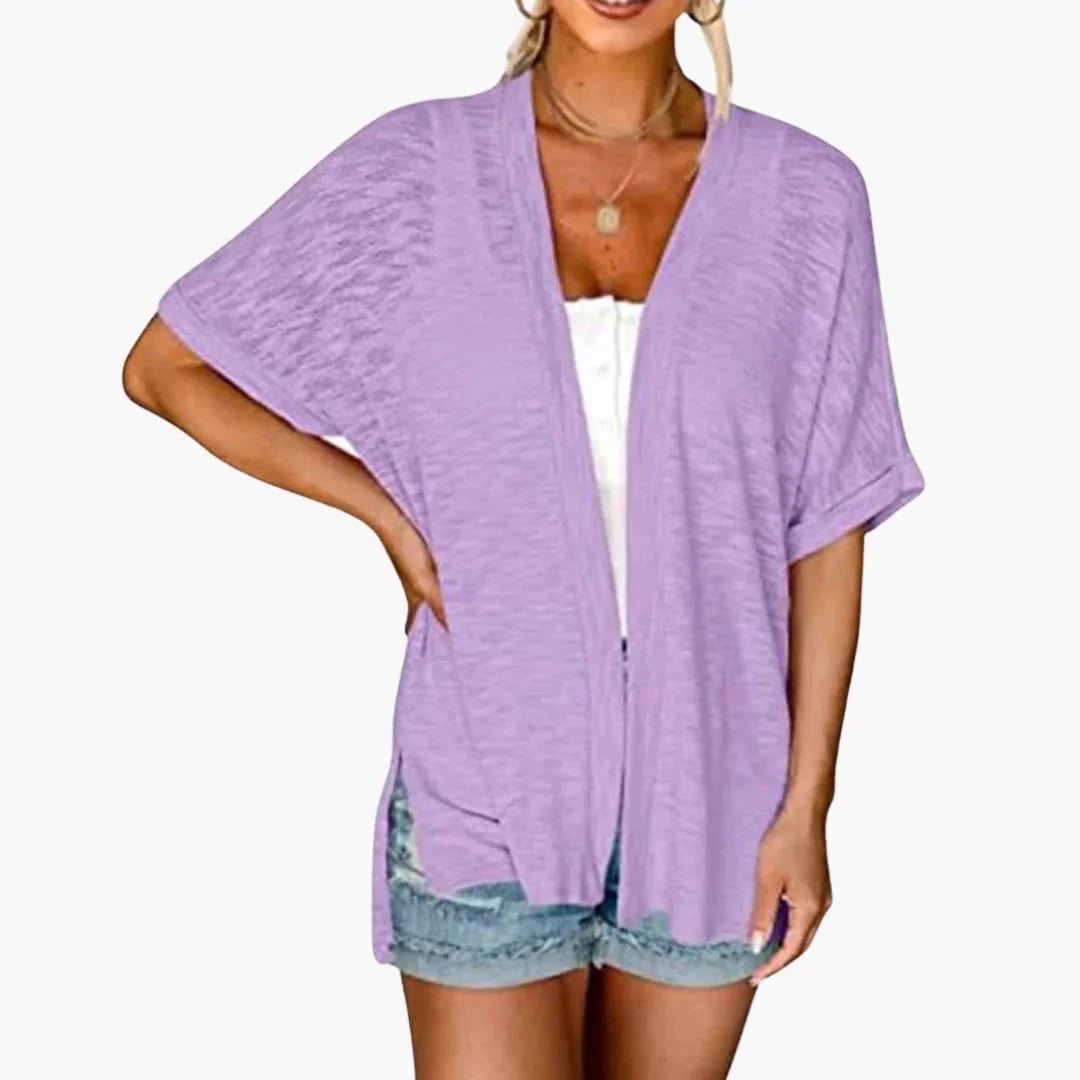 Purple Women's Open Front Cardigan — Everly Structured-Cuff Short Sleeve Oversized - Side Pose