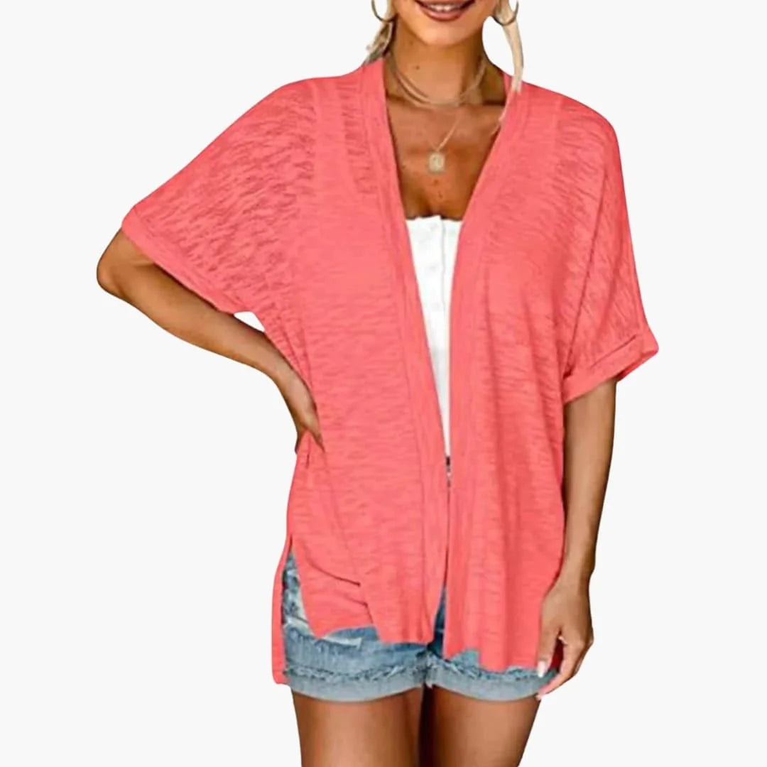 Vandmelonrd Women's Open Front Cardigan — Everly Structured-Cuff Short Sleeve Oversized - Hem Detail