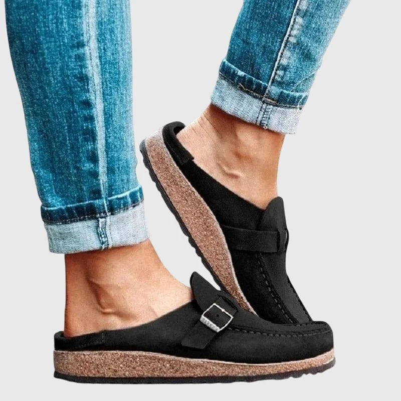 Black Women's Suede Orthopaedic Clogs — Emily Cushioned Buckle Slip-On - Side Lifted