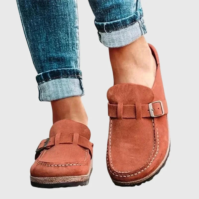 Orange Women's Suede Orthopaedic Clogs — Emily Cushioned Buckle Slip-On - Front Angle