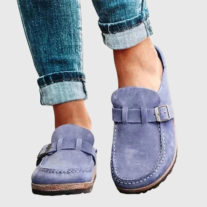 Purple Women's Suede Orthopaedic Clogs — Emily Cushioned Buckle Slip-On - Front Pose