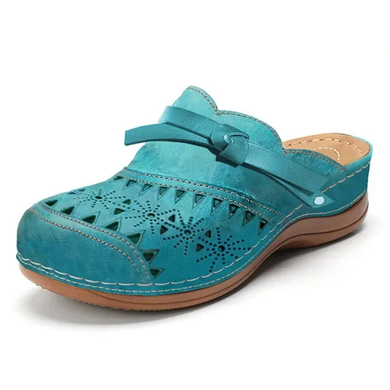 Blue Women's Leather Orthopedic Comfort Clogs — Thea Cut-Out Buckle Slip-On - Studio Angle
