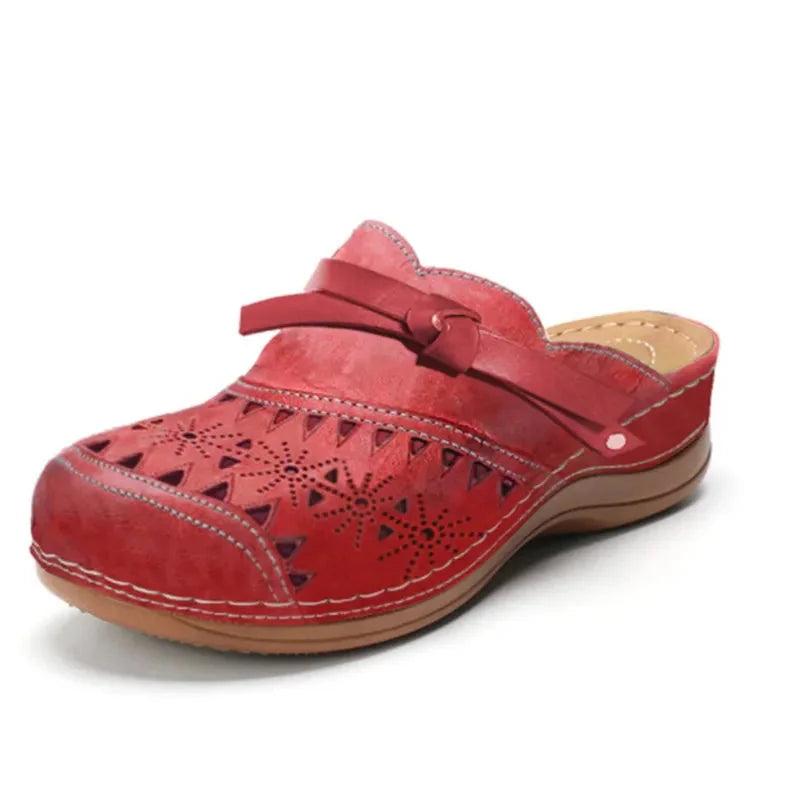 Red Women's Leather Orthopedic Comfort Clogs — Thea Cut-Out Buckle Slip-On - Front Angle