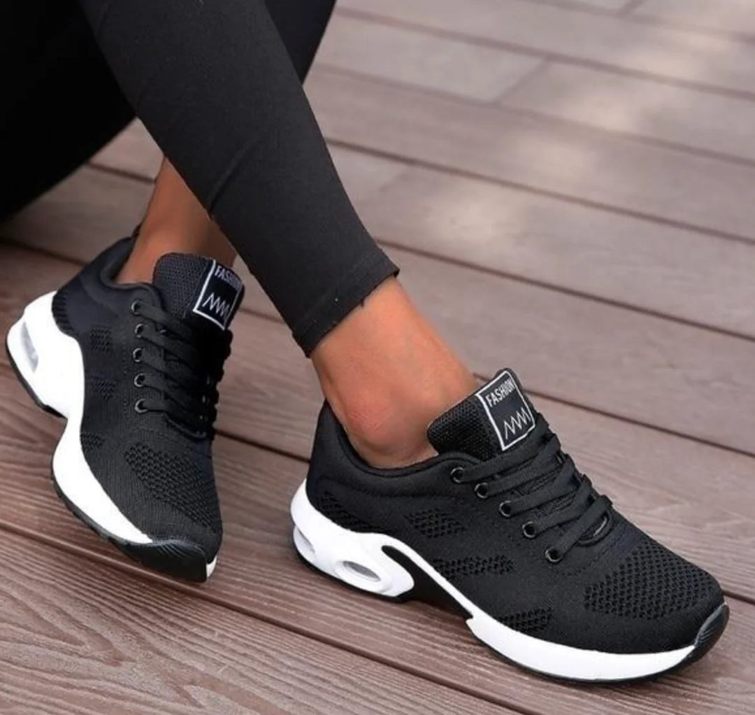 Black Women's Orthopedic Comfort Shoes — Tahlia Everyday Cushioned Sneakers - Crossed Ankle Pose