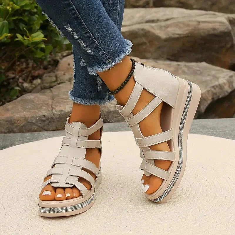 Beige Women's Orthopedic Platform Sandals — Bess Strappy Gladiator Rhinestone - Lifestyle Stance
