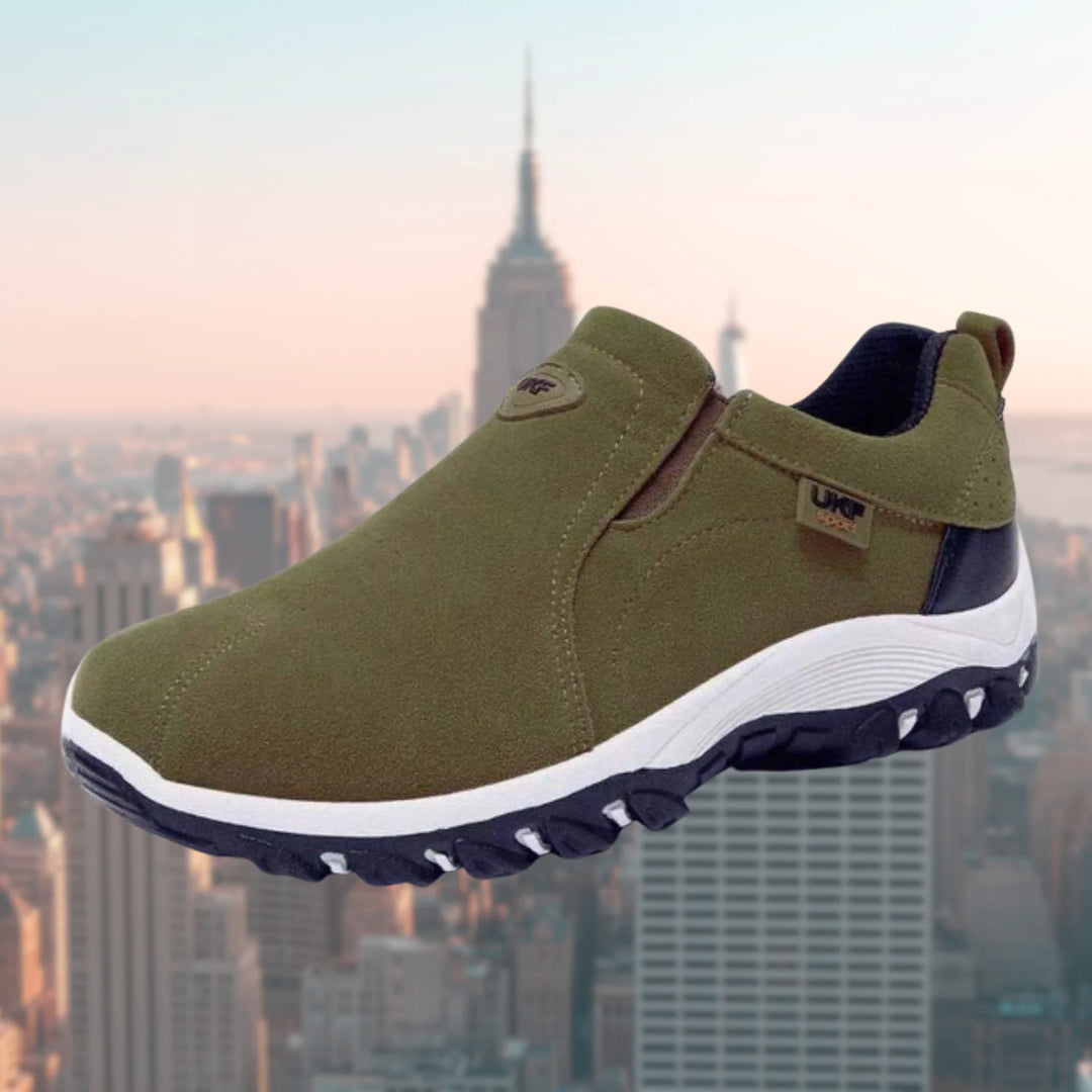 Green Men's Orthopedic Slip-on Shoes — Edmund Suede Cushioned Non-Slip - Three Quarter View