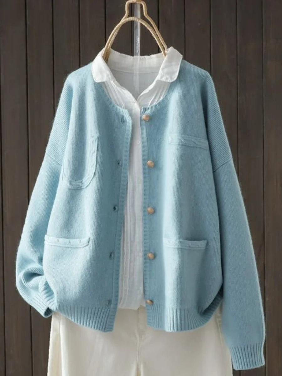 Blue Women's Button-Front Knit Cardigan — Sonia Pocket Detail Oversized - Front Detail