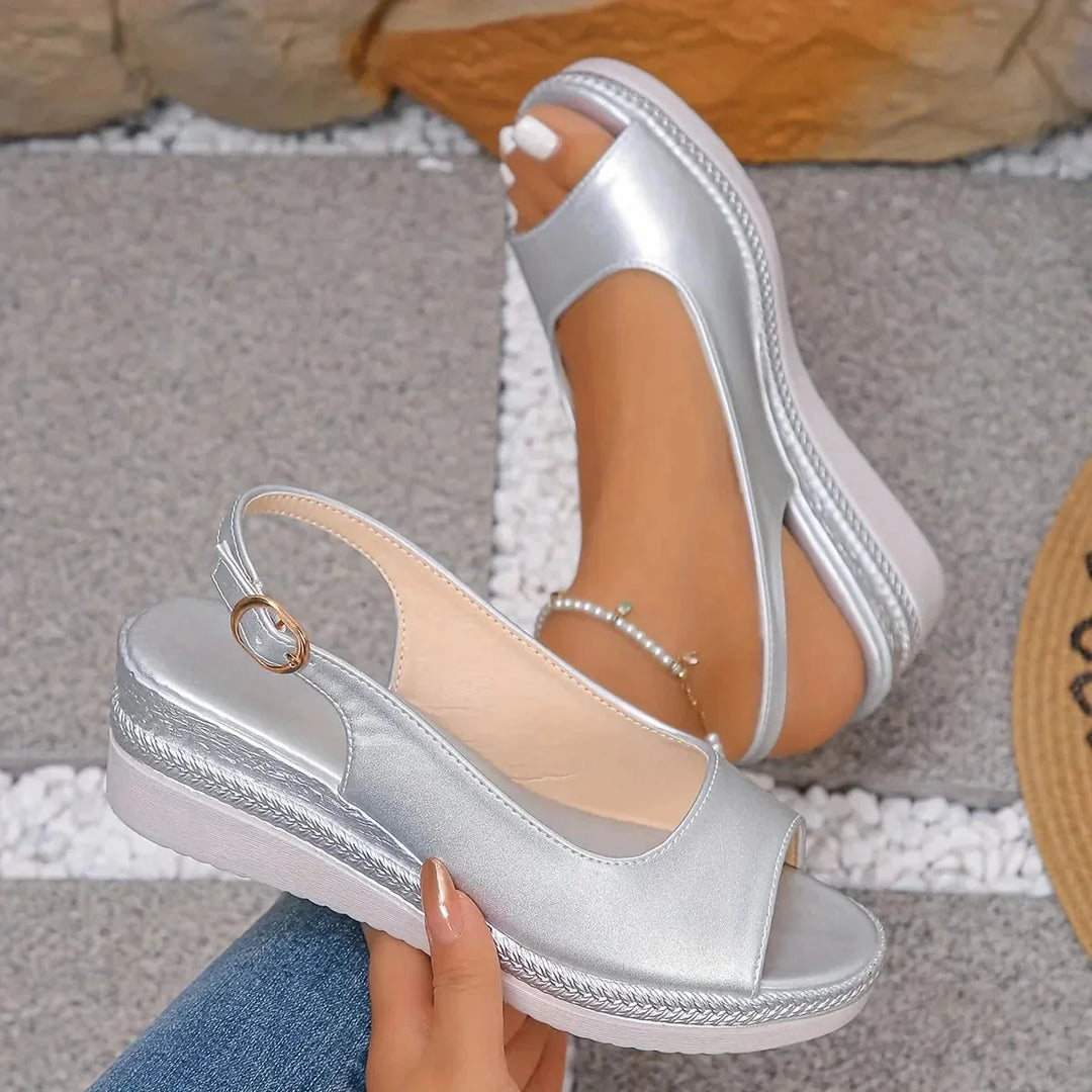 Silver Women's Peep-Toe Platform Wedge Silver Sandals — Irina Ankle Strap Espadrille - Close Up Detail