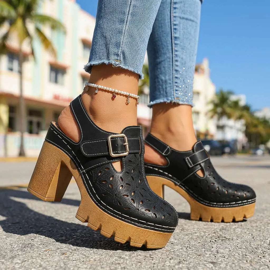 Black Women's Platform Buckle Clogs — Brielle Faux Leather Cutout Block Heel - Street Pose