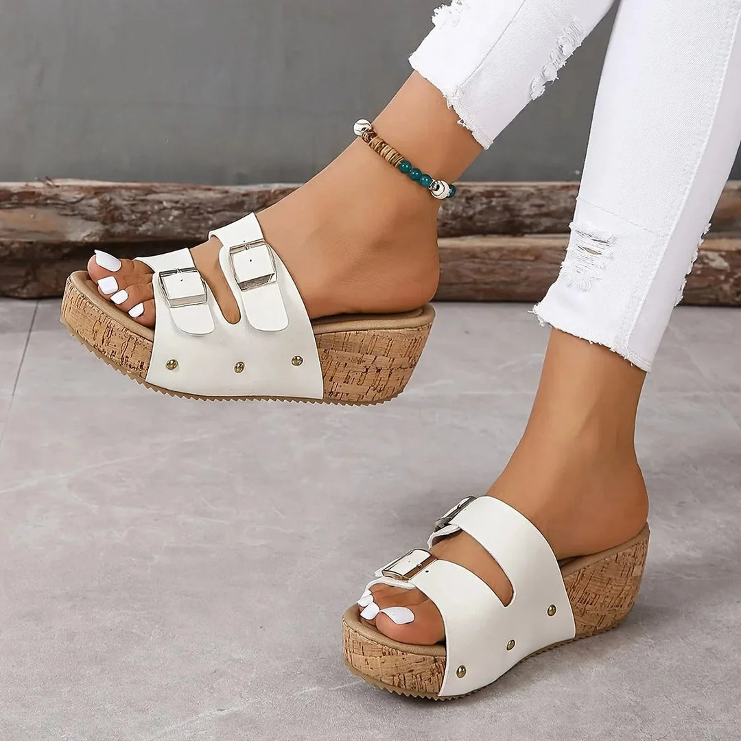 White Women's Platform Sandals — Paige Cork Wedge Double Buckle - Side Detail