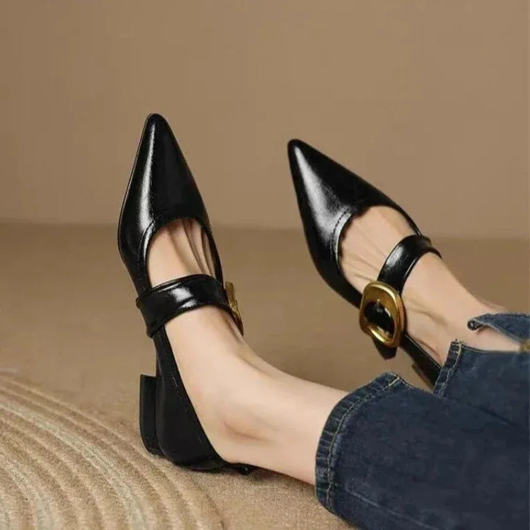 Black Women's Pointed Toe Leather Flats — Clementine Buckle Mary Block Heel - Feet Up Heel View