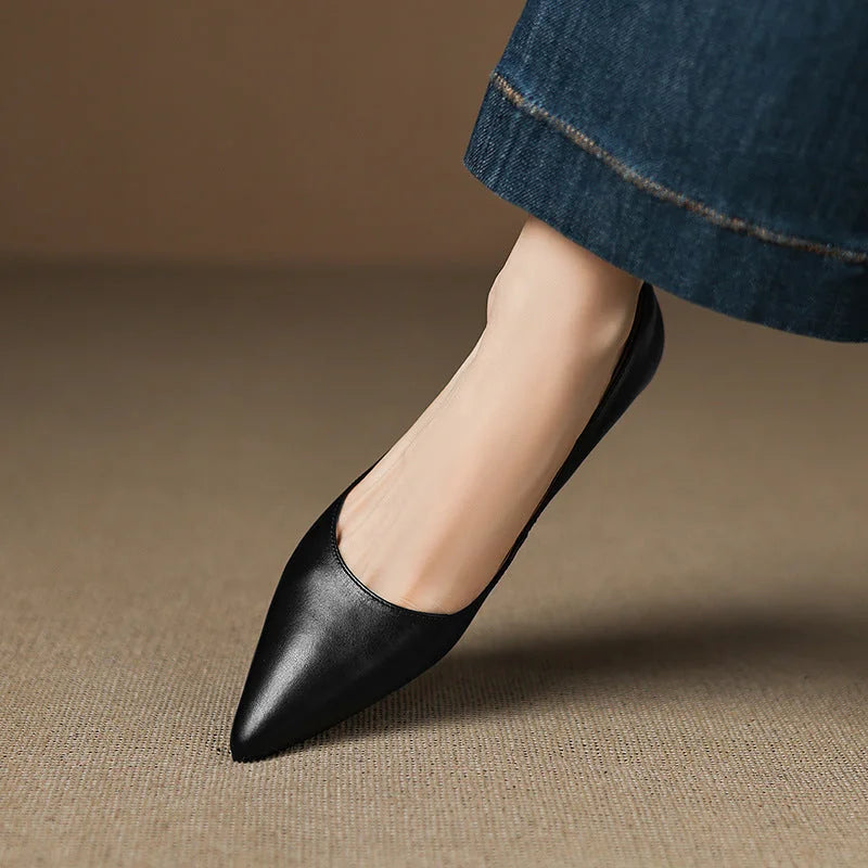 Black Women's Pointed Toe Ballet Flats — Ivy Genuine Leather Slip-On Wedge Heel - Dynamic Angle