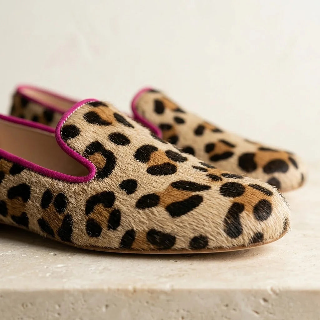 Leopard Women's Leopard Print Ballet Flats — Aimee Cushioned Slip-On Loafer - Close Up Detail