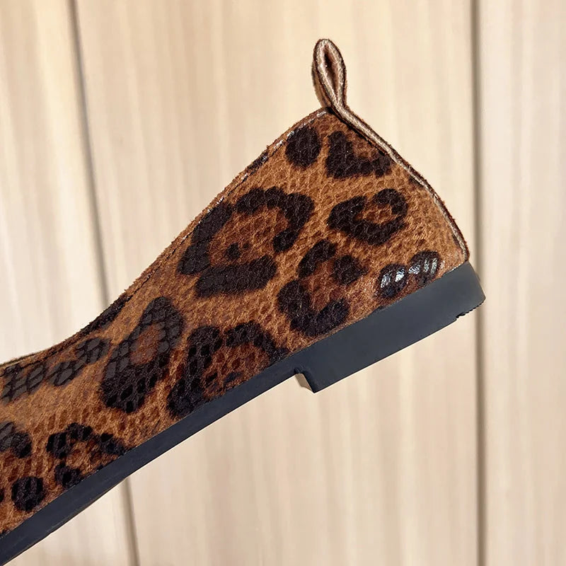 Dark Brown Women's Leopard Print Flats — Ember Leather Square-Toe Slip-On - Heel Sole Detail