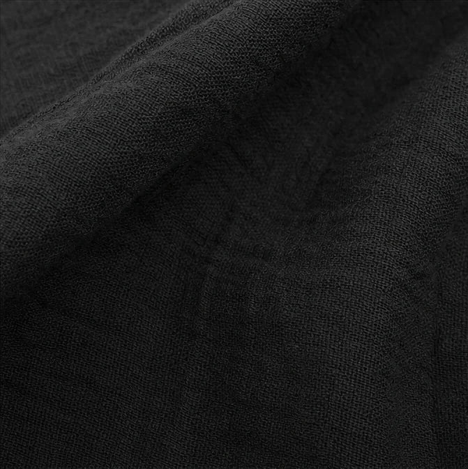 Black Women's V-Neck Linen Blouse — Elise Curved Hem Three-Quarter Sleeve Relaxed - Fabric Texture Close Up