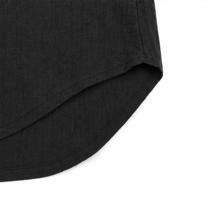 Black Women's V-Neck Linen Blouse — Elise Curved Hem Three-Quarter Sleeve Relaxed - Hem Detail