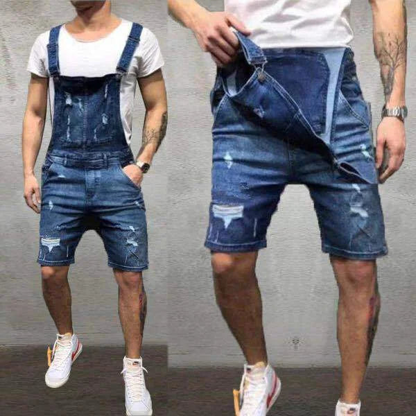 Blue Men's Ripped Denim Overalls — James Relaxed-Fit Removable-Strap Pockets - Front And Strap Detail