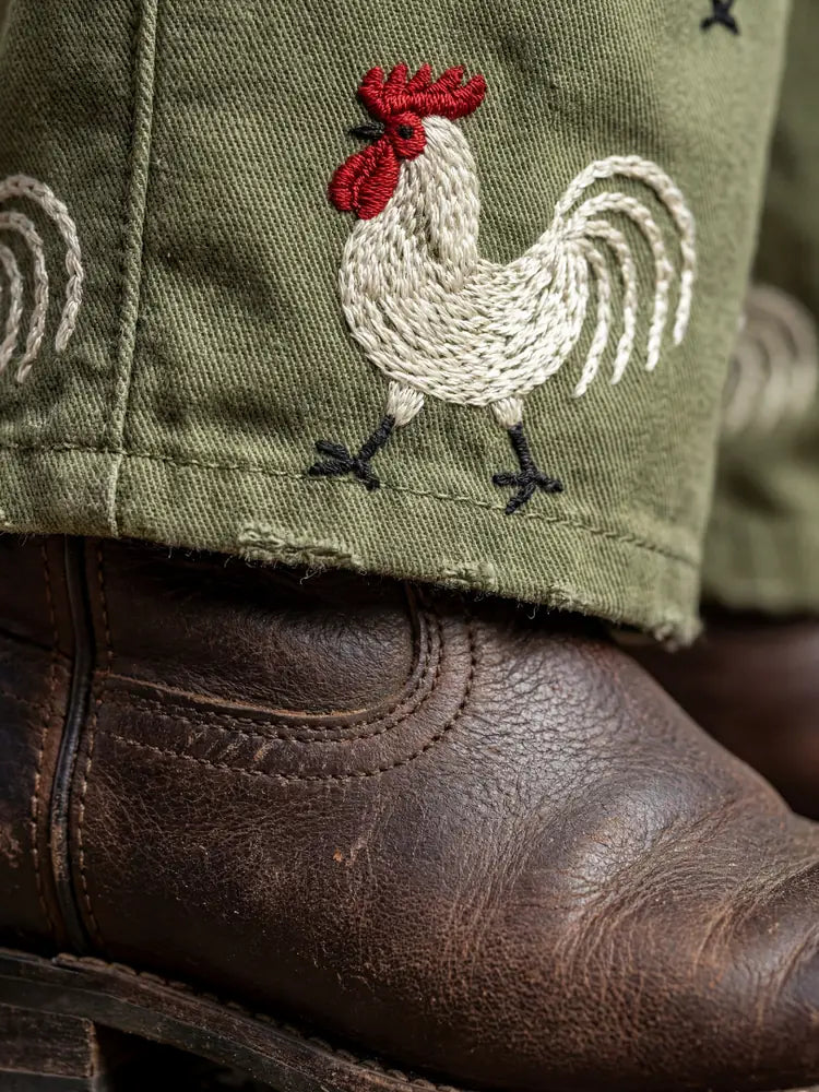 Military Green Women's Embroidered Rooster Jumpsuit — Ellen Relaxed-Fit Pocketed Cuffed - Embroidery Close Up